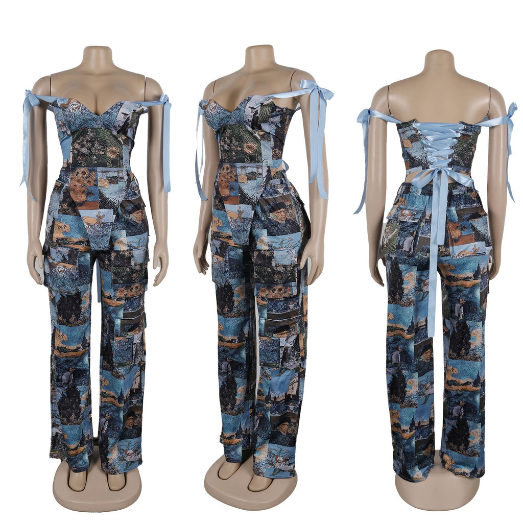 Molilove Sexy 2 Piece Sets for Women Pattern Print Sleeveless Crop Top and Wide Leg Pants with Pockets Soft Stretchy Outfits