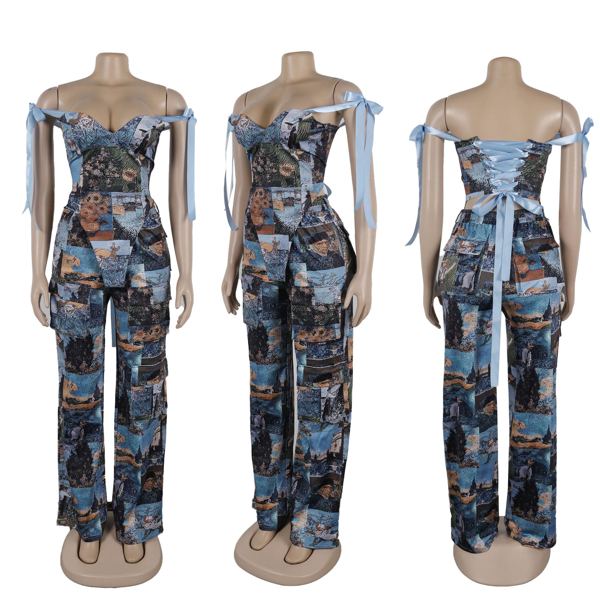 Molilove Sexy 2 Piece Sets for Women Pattern Print Sleeveless Crop Top and Wide Leg Pants with Pockets Soft Stretchy Outfits