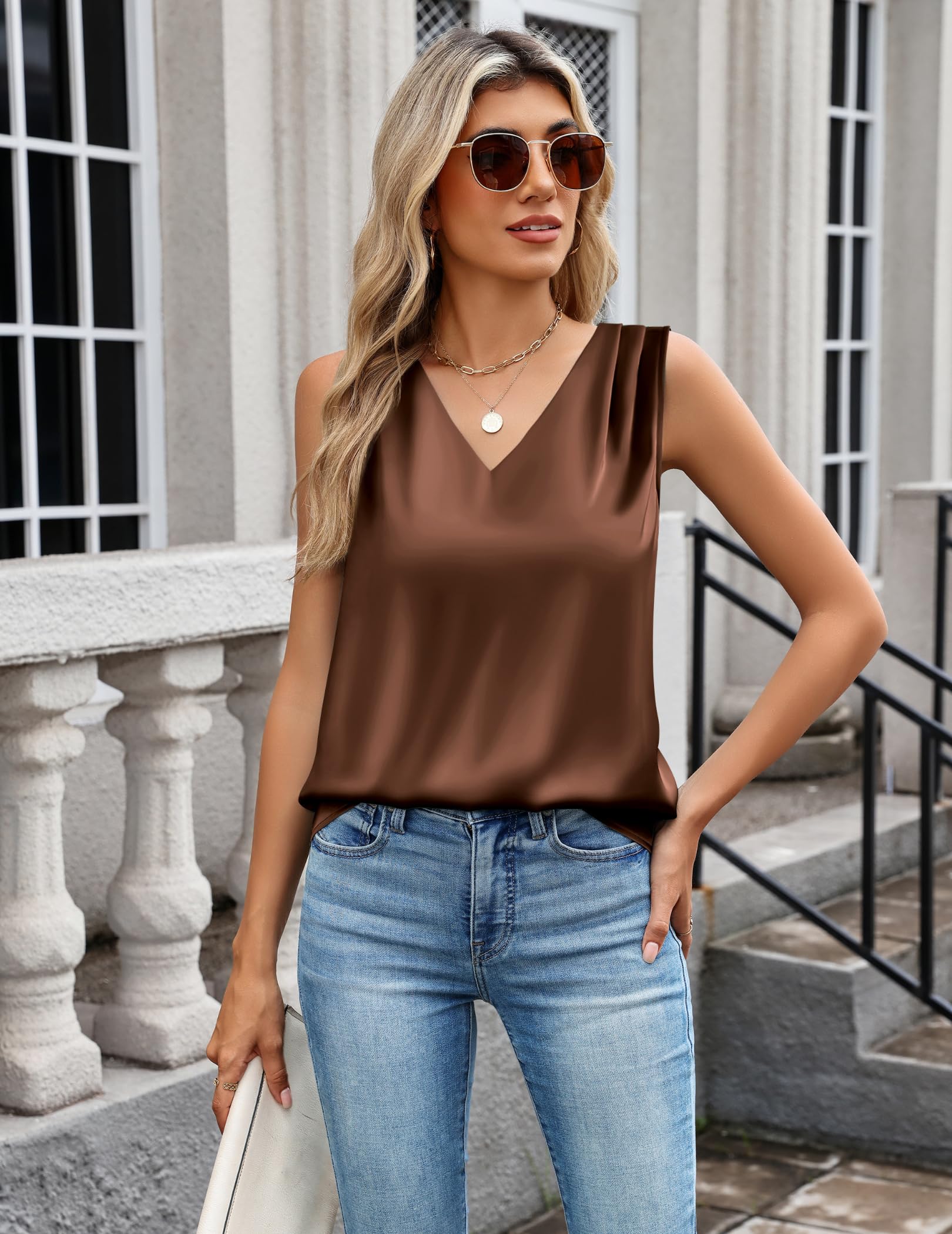 Zeagoo Satin Tops for Women Business Casual Pleated Tank Tops 2025 Summer Silk Camisole Top Dressy Work Outfits Brown