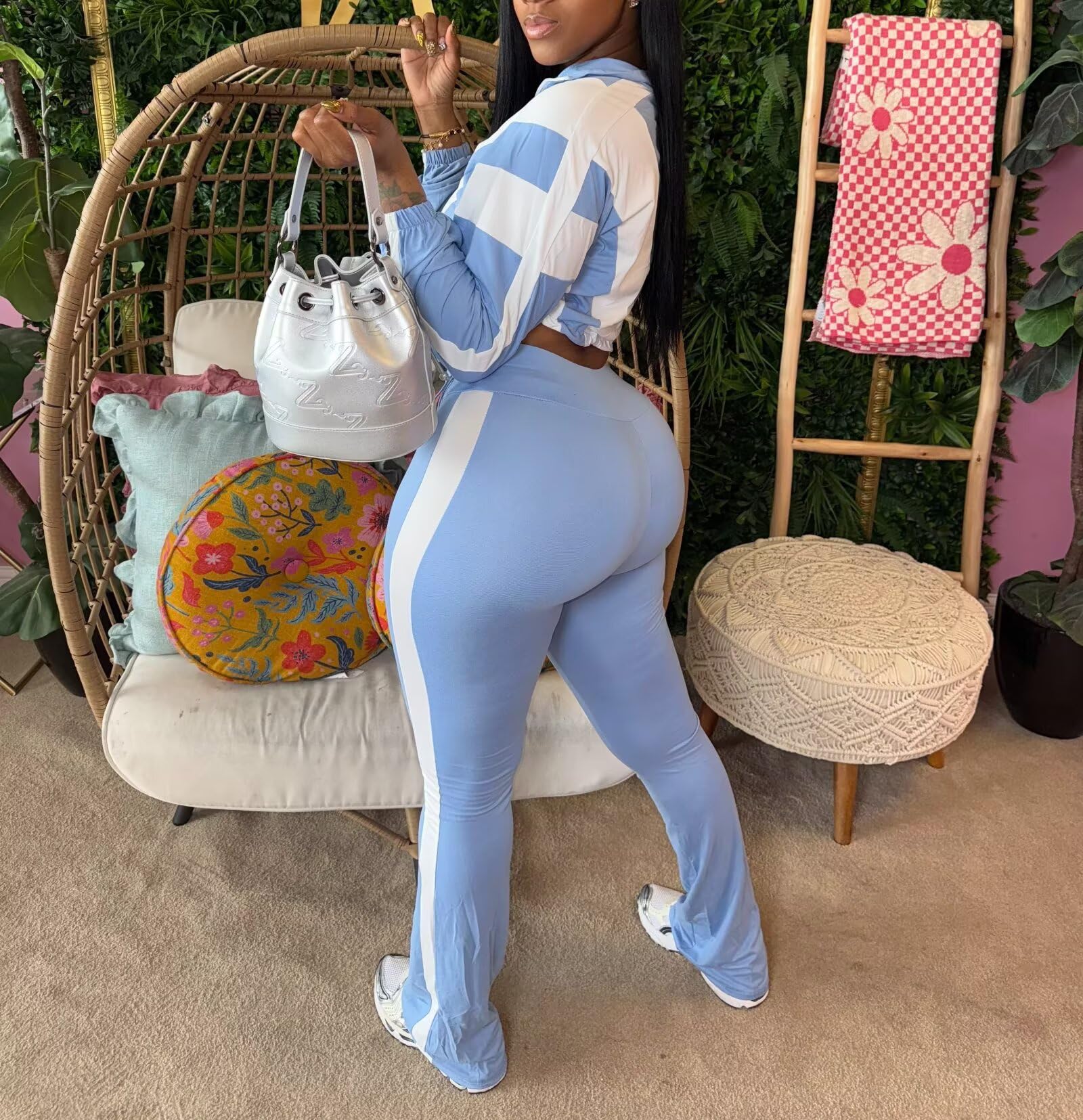 Remelon Womens 2 Piece Sweatsuits Color Block Long Sleeve Zipper Cropped Jacket Legging Pants Set Tracksuit Jogger Outfits