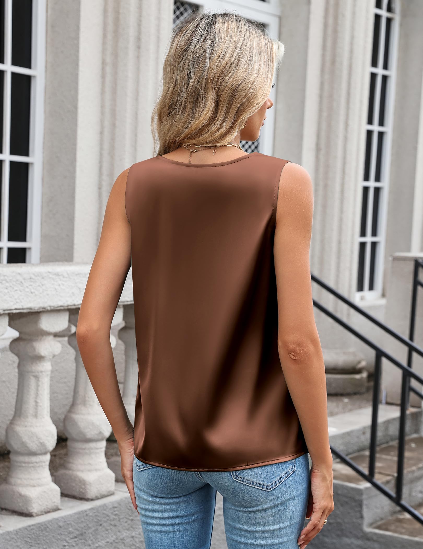 Zeagoo Satin Tops for Women Business Casual Pleated Tank Tops 2025 Summer Silk Camisole Top Dressy Work Outfits Brown