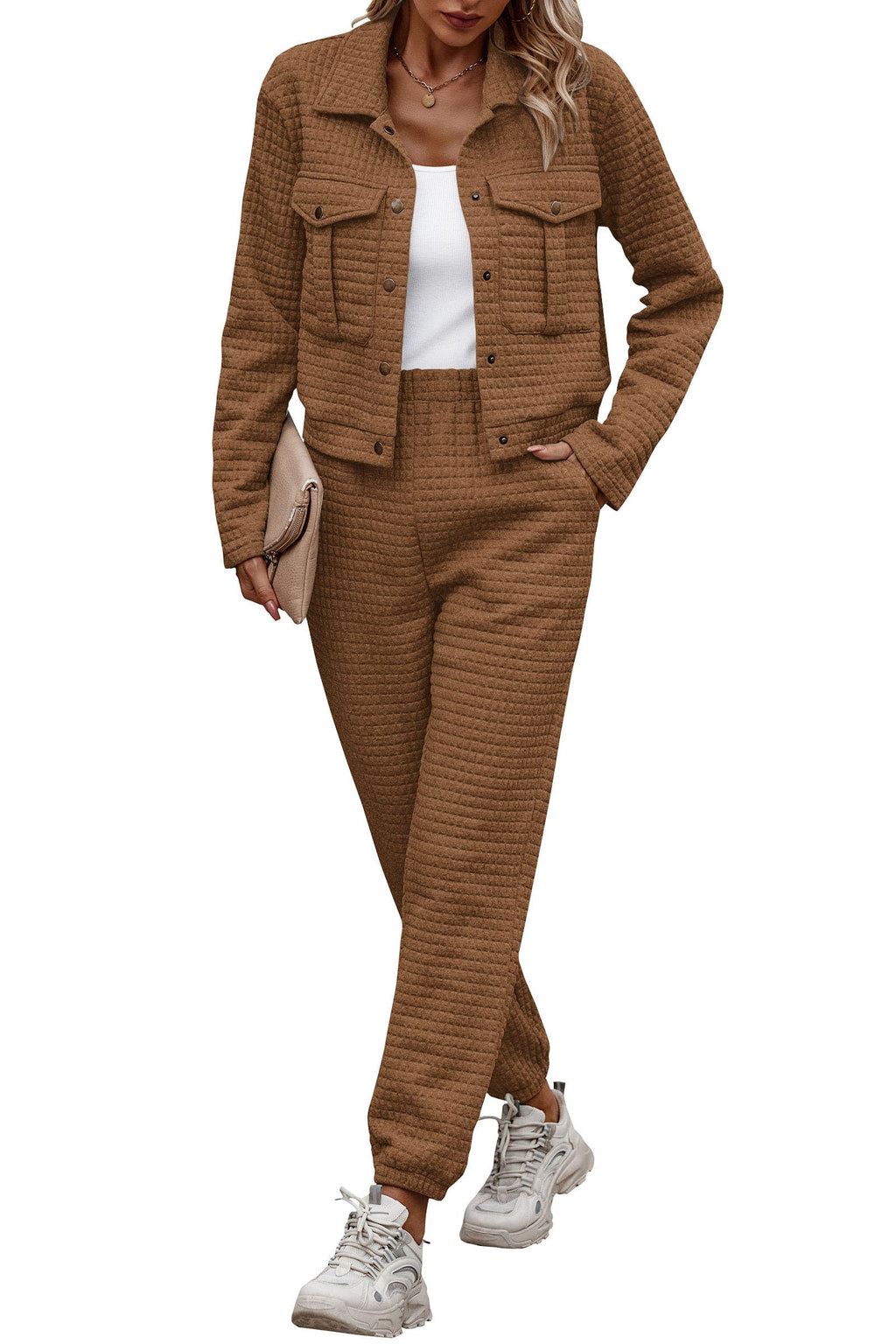 PRETTYGARDEN Women’s Two-Piece Set – Long Sleeve Button-Down Shacket Jacket & Sweatpants Tracksuit (Fall/Winter 2025)