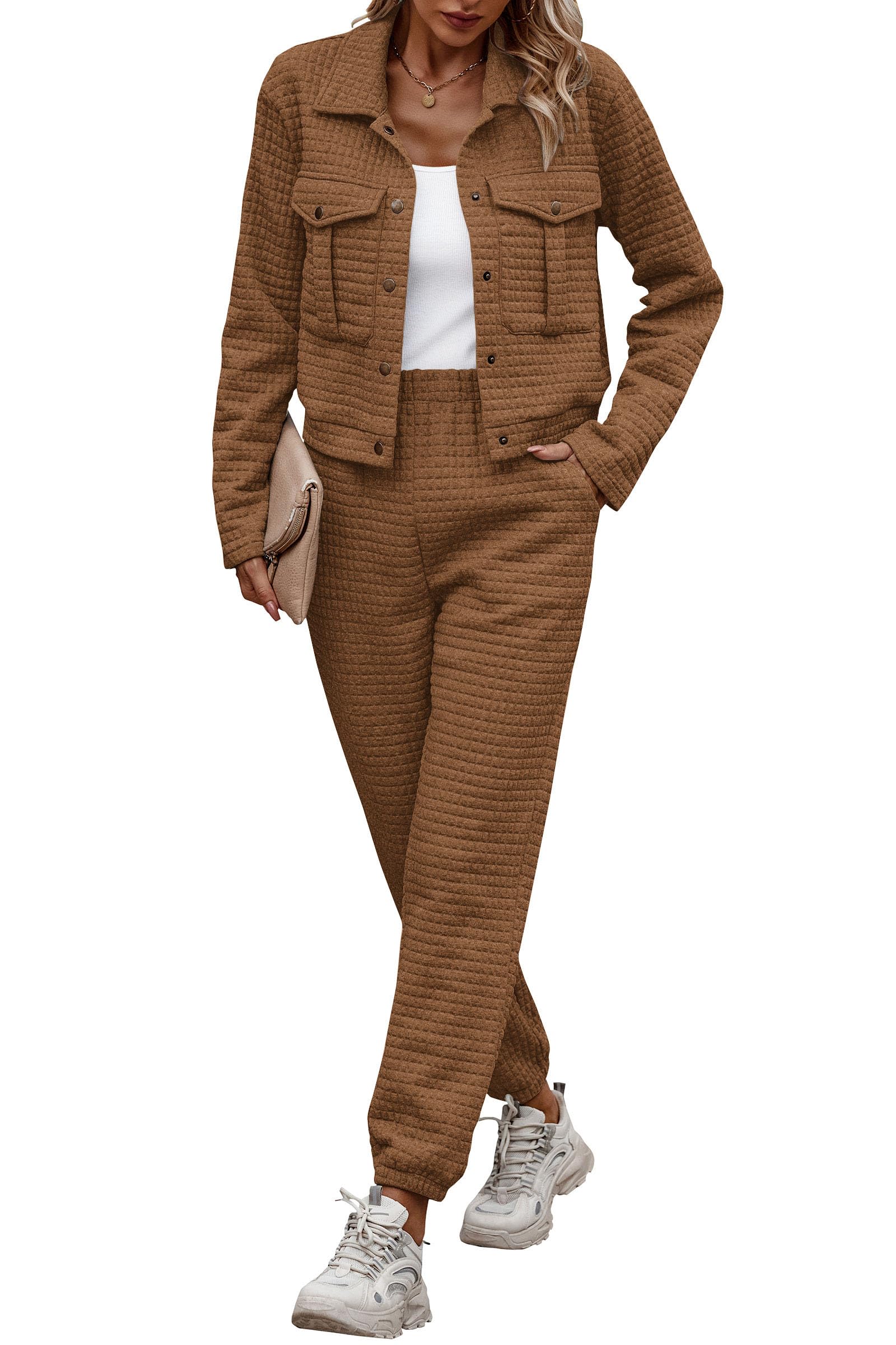 PRETTYGARDEN Women’s Two-Piece Set – Long Sleeve Button-Down Shacket Jacket & Sweatpants Tracksuit (Fall/Winter 2025)