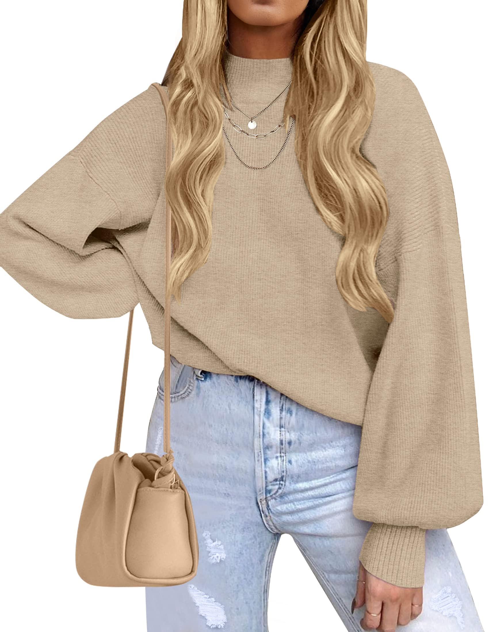 ZESICA Women’s Oversized Turtleneck Ribbed Knit Sweater – Long Lantern Sleeve Fall Pullover (2025 Collection)