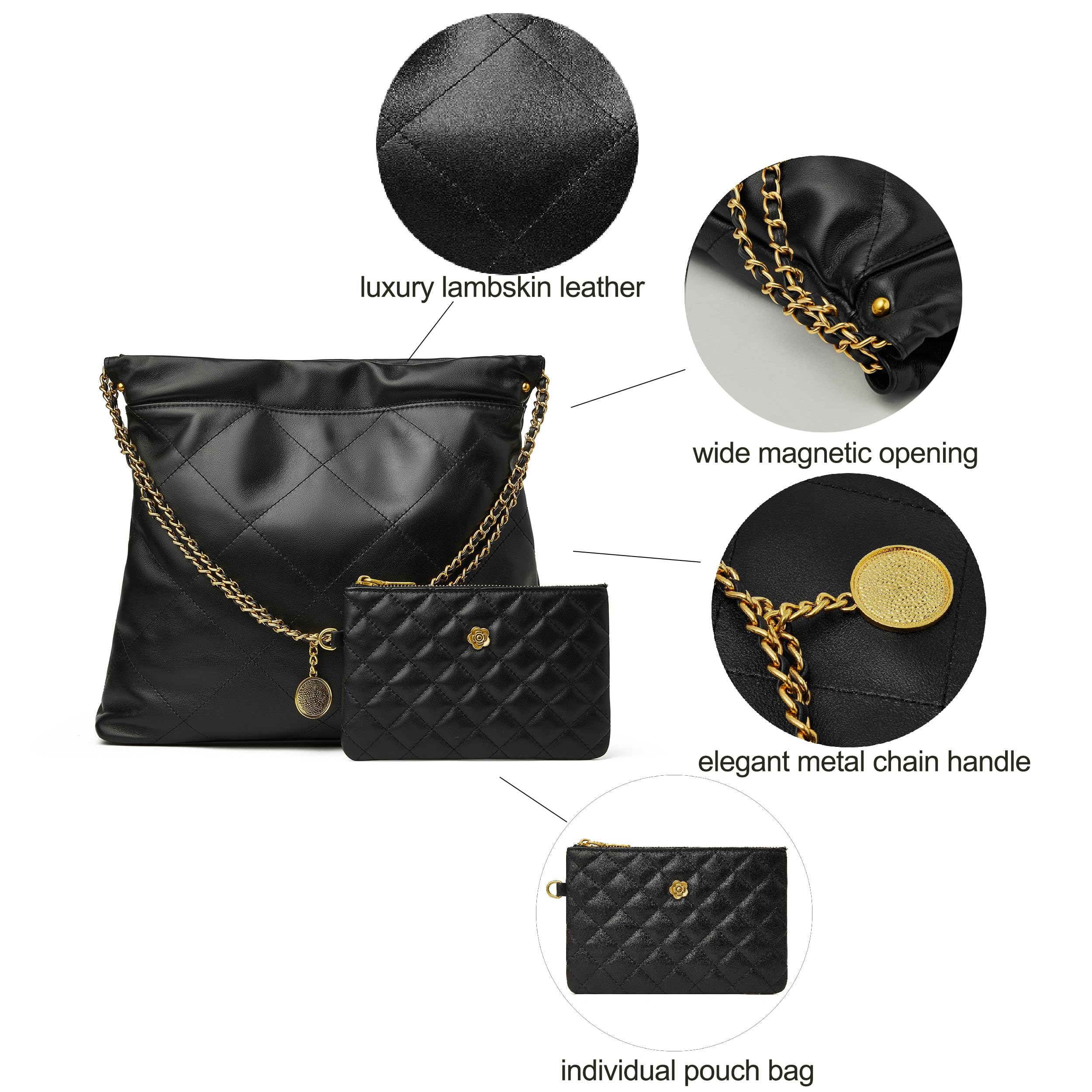 DORIS&JACKY Quilted Tote Bag Set For Women Soft Lambskin Shoulder Purse And Large Leather Work Handbag With 1 Small Clutch